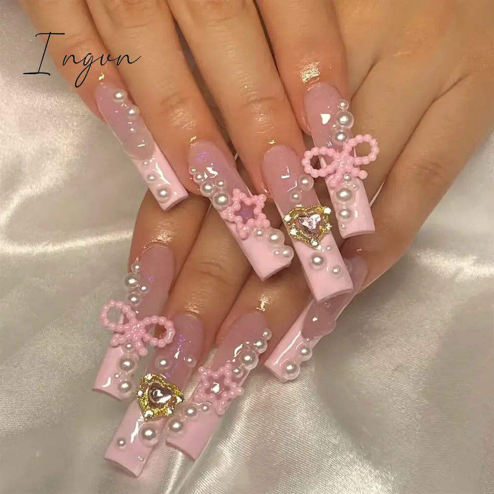 24pcs Artifical Bails With Glue Fake Nail Tips With Design Detachable Press On Nails Long Fake Nail Finished Nail Piece Sticker