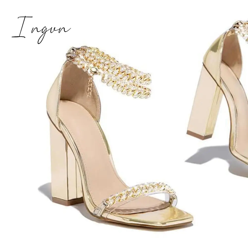 Ingvn - Gold-Tone Chain Embellished Ankle Strap Chunky Heels