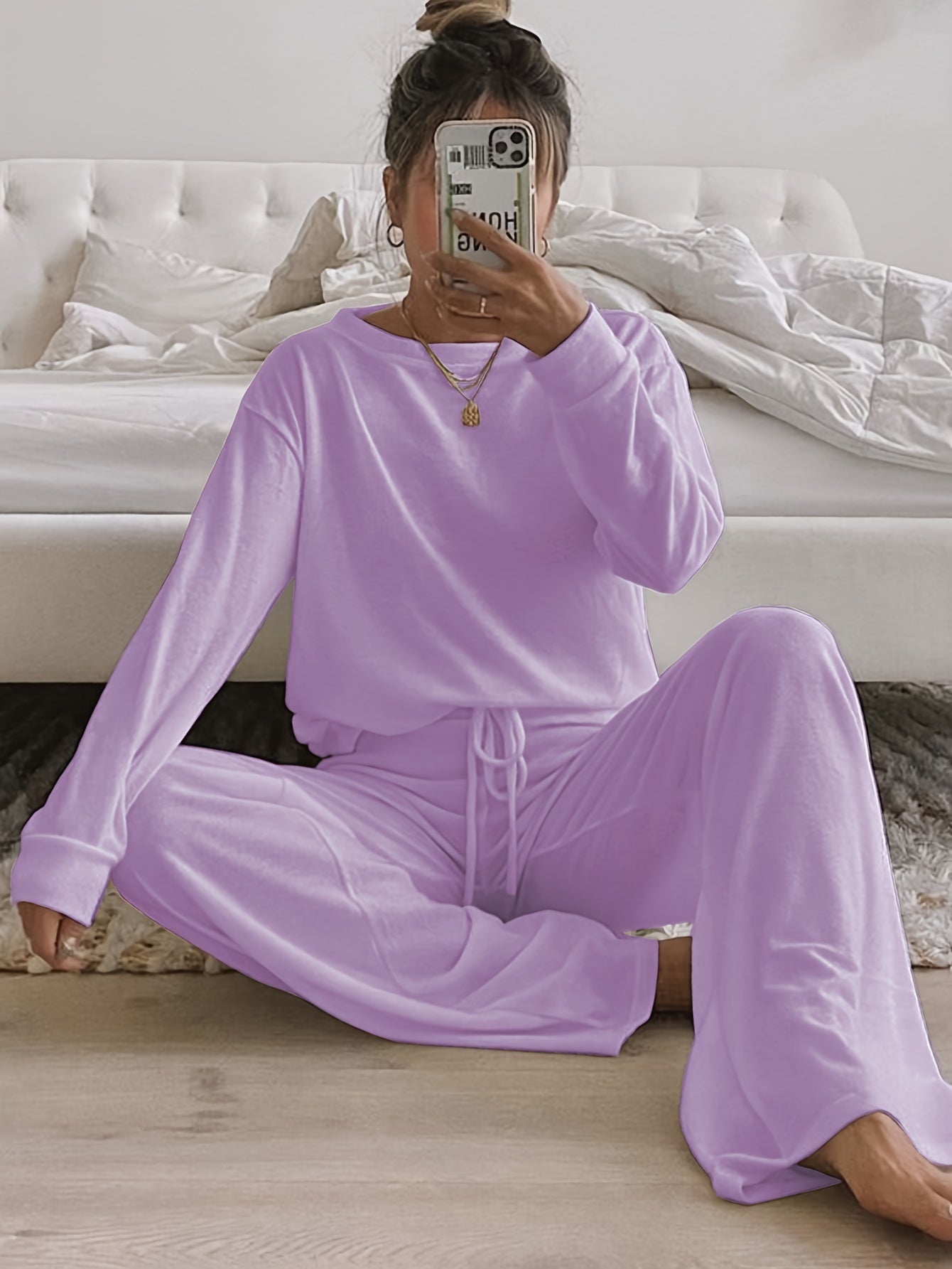 Cozy Women's Solid Lounge Set - Soft Long Sleeve Round Neck Top & Elastic Drawstring Pants for Ultimate Comfort - Perfect Relaxed Fit for Fall and Winter Seasons