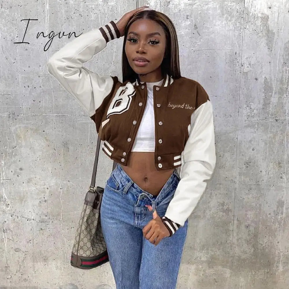 Ingvn - Letter Print Red Color Patchwork Short Bomber Jacket Women Cropped Baseball Jacket For Women Autumn Long Sleeve Loose Jacket