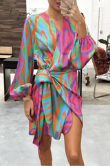 Ingvn - Casual Print Patchwork V Neck Irregular Dress Dresses
