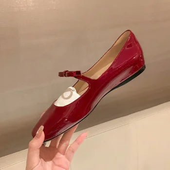 Luxury Bowtie Mary Janes Women Square Toe Shiny Leather Silk Flats Ballets Femmes Red Dance Party Ball Bridal Wedding Shoes