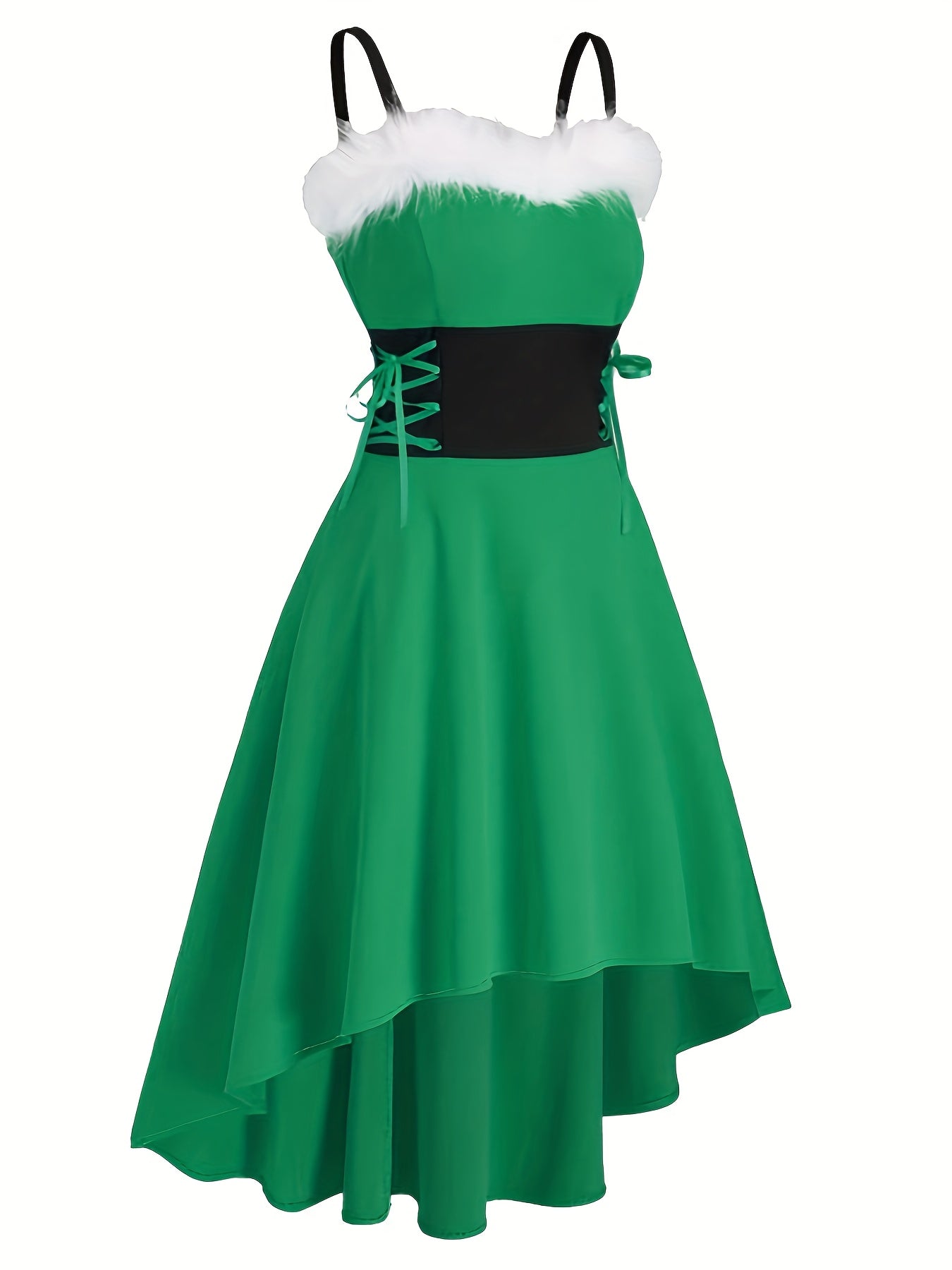 Vintage-Inspired Faux Fur Aline Swing Tank Dress - Contrast Trim, Asymmetrical Hem, Cross Tie Detail, Christmas Party Dress - Women's Clothing, Holiday Season Fashion