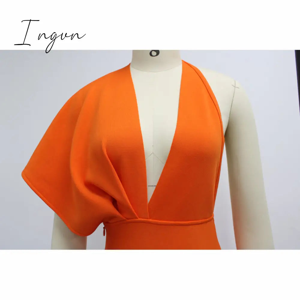 Ingvn - 2023 Fashion Trends Draped Backless Women Side Split Evening Club Party Dress New Sexy V Neck Orange Black Long Bandage Dress Vestidos