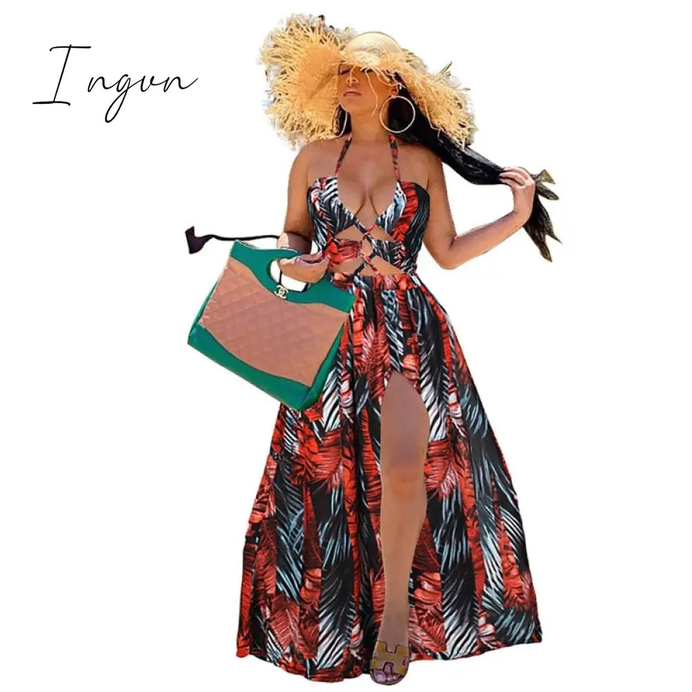 Ingvn - Stigende Women Bohemian Palm Leaf Maxi Dress Sexy High Split Summer Beach Halter Dress Casual Sleeveless Bandage Long Dress