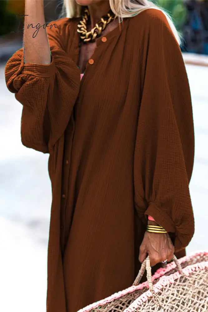 Ingvn - Casual Solid Buckle O Neck Long Sleeve Dresses(3 Colors)