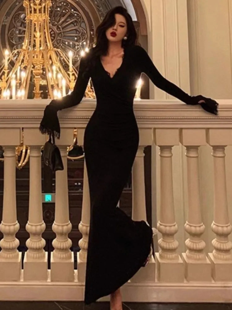 Autumn Lace Patchwork Mermaid Dress Women Elegant V-Neck Long Flare Sleeve Slim Bodycon Vestidos Vintage Chic Evening Party Robe