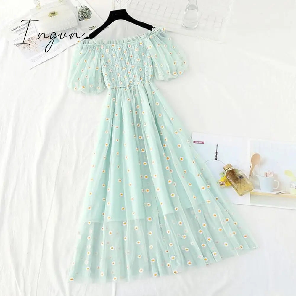 Ingvn - small daisies embroidery mesh dresses women sexy off the shoulder french vintage party ruffle dresses elegant vestidos