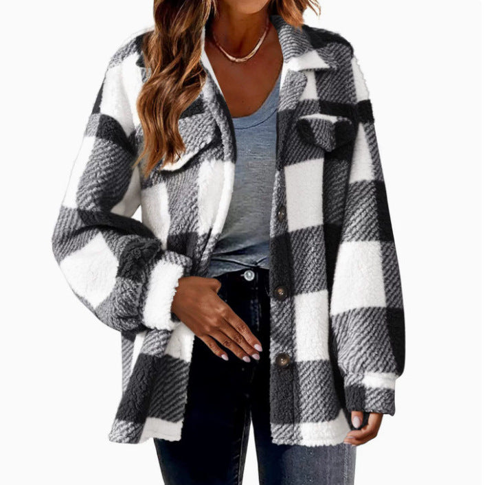 Autumn and Winter Open Button Lapel Plush Plaid Coat Plaid Pattern Button Front Jacket Warm