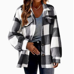 Autumn and Winter Open Button Lapel Plush Plaid Coat Plaid Pattern Button Front Jacket Warm
