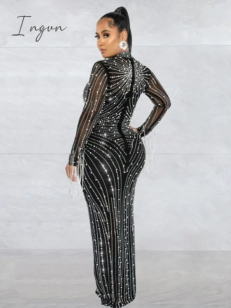 Ingvn - Women's Sexy See Through Rhinestone Bead Mesh Dress Luxury High Neck Long Sleeve Tassels Maxi Party Night Dresses 2 Piece Set