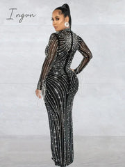 Ingvn - Women's Sexy See Through Rhinestone Bead Mesh Dress Luxury High Neck Long Sleeve Tassels Maxi Party Night Dresses 2 Piece Set