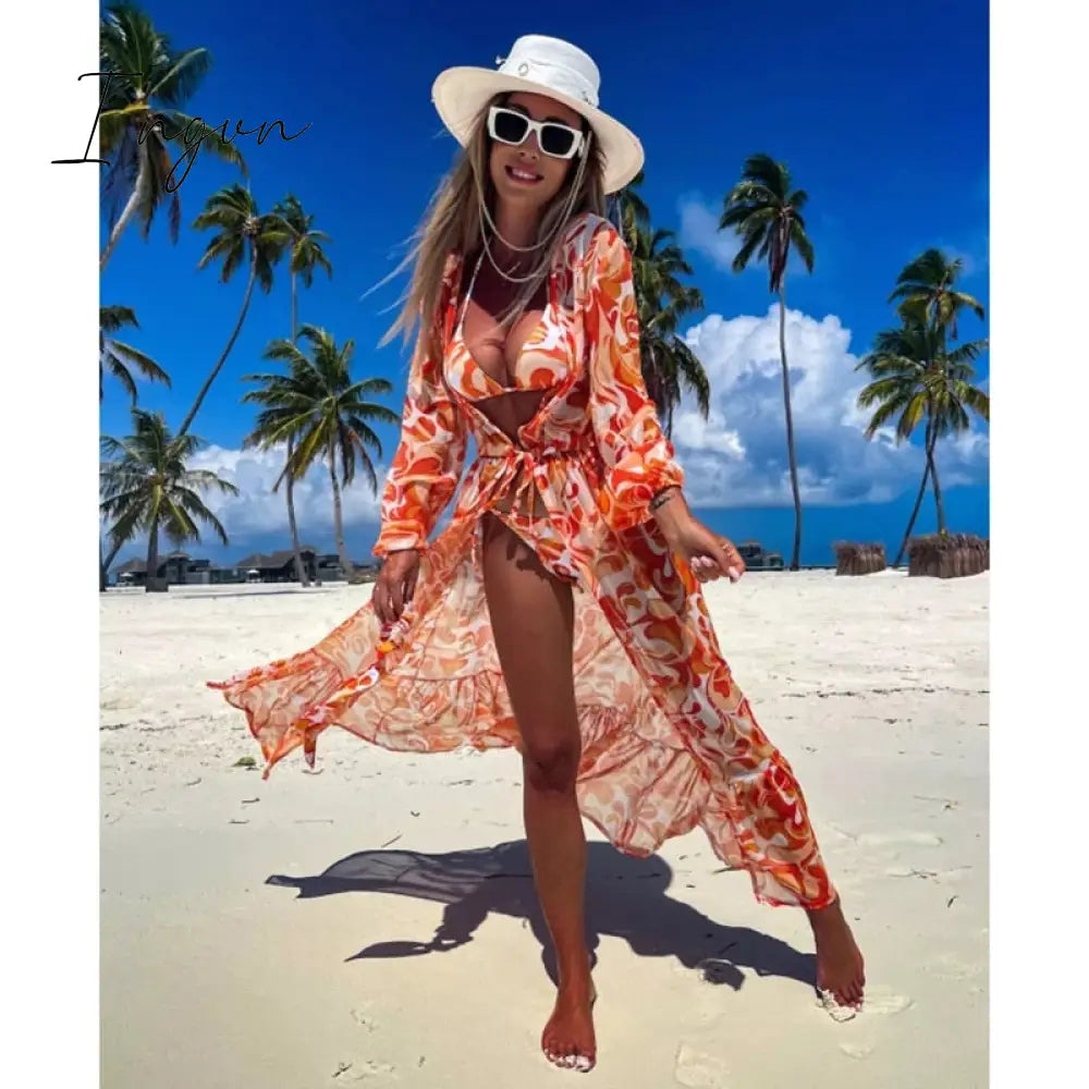 Ingvn - 2023 Swimsuit Cover Up Kaftan Tunic Dress Print Chiffon Pareo Kimono Summer Women Beachwear Beach Cover-up Cardigan Outfits