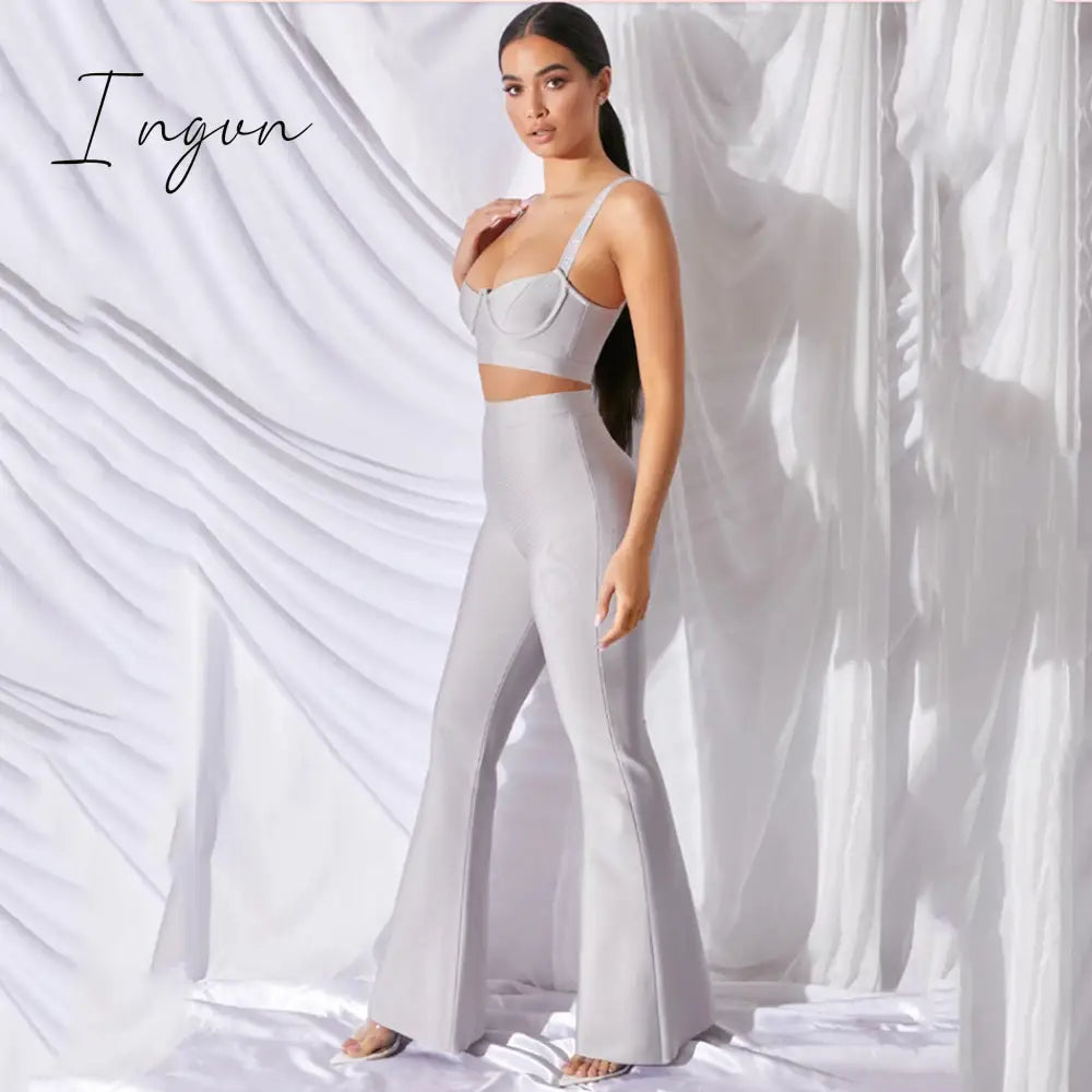Ingvn - Summer New Women's Fashion Sexy Bandage 2 Two-piece Set Sleeveless Tight Short Top &  High Waist Flared Trousers Pants Set