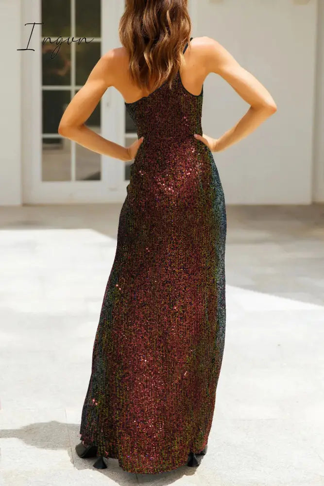 Ingvn - Sexy Formal Solid Sequins Slit Oblique Collar Evening Dresses(6 Colors)
