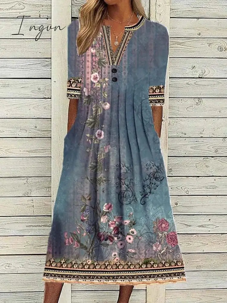Ingvn - Women's Casual Dress Shift Dress Midi Dress Navy Blue Blue Orange Half Sleeve Floral Ruched Summer Spring V Neck Vintage Christmas Vacation 2023 S M L XL XXL 3XL