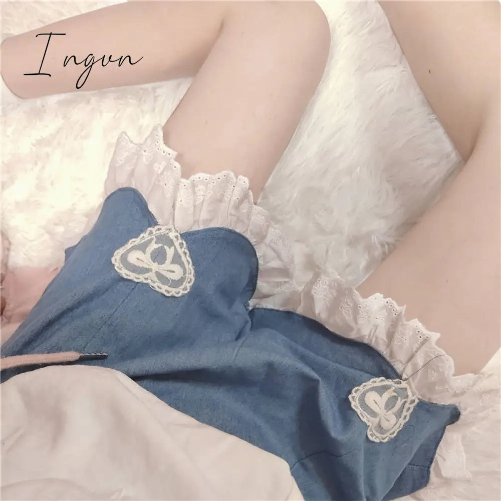 Ingvn - Summer Outfits Trends Cute Lolita Girls Denim Shorts Japanese Sweet High Waist Lace Irregular Women's Shorts S-4XL Summer Kawaii Sexy Blue Shorts