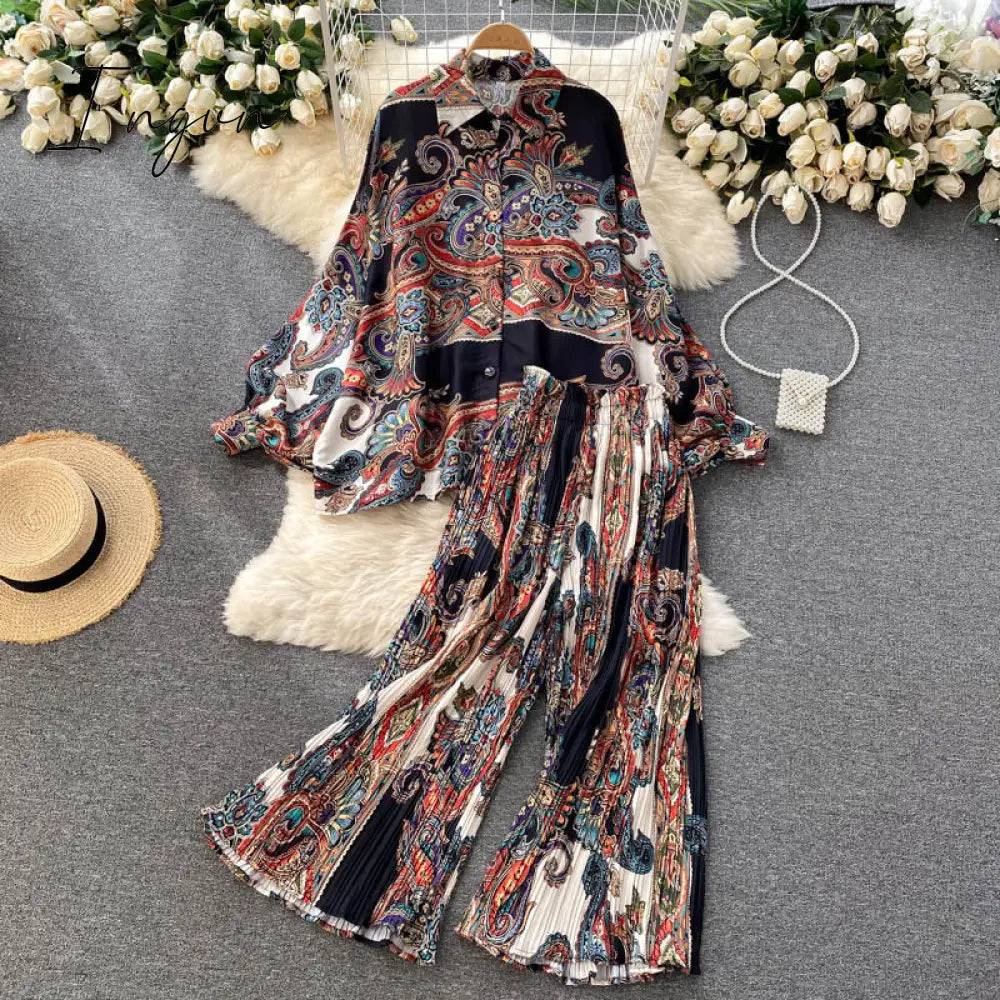 Ingvn - Women's Dress Spring Retro Print Casual Set Design Batwing Sleeve Single Breasted Blouse+High Waist Long Pants Two Piece Suits