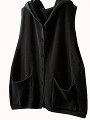 Women's Plus Size Solid Button Front Sleeveless Knitted Hooded Cardigan with Pockets, Casual Plus Size Clothing