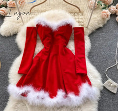 Ingvn - Gifts For Women Elegant Dress For New Year Strapless Backless Furry Sexy Short Mini Christmas Dress Navidad Red Party Dress Femme
