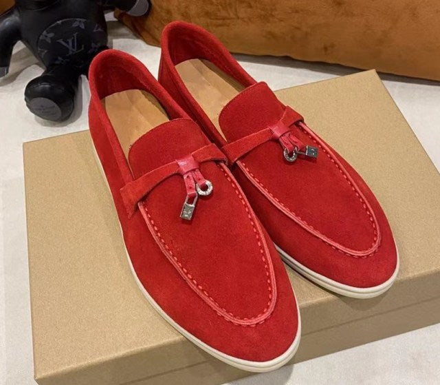 Trend New Kidsuede Women Flat Shoes Lazy Slip-on Metal Loafers Lady Casual Walk Shoes Woman Single Shoes Summer Real Leather