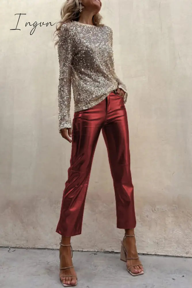 Ingvn - Sinclair Metallic Faux Leather High Rise Pocketed Straight Pants