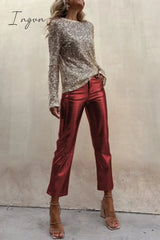 Ingvn - Sinclair Metallic Faux Leather High Rise Pocketed Straight Pants