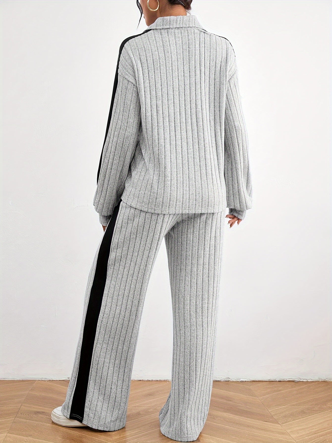 Stylish Color Block Ribbed Pantsuits - Long Sleeve Lapel Drop Shoulder Top, Wide Leg Pants, Comfortable, Relaxed Fit, Chic Outfit for Women - Perfect for Daily Wear, Casual Occasions