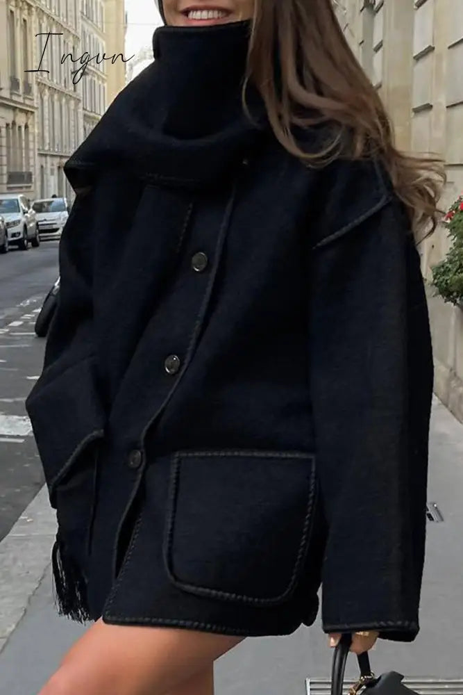 Ingvn - Casual British Style Solid Tassel Contrast Scarf Collar Outerwear