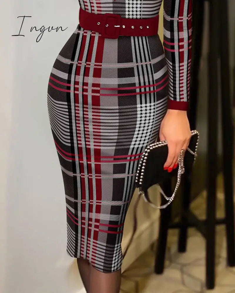 Ingvn - Spring Outfits Trends Office Lady Long Sleeve V-neck Maxi Dress Spring Autumn Vintage Print Slim High Waist Belted Vestidos De Mujer Elegant Dresses
