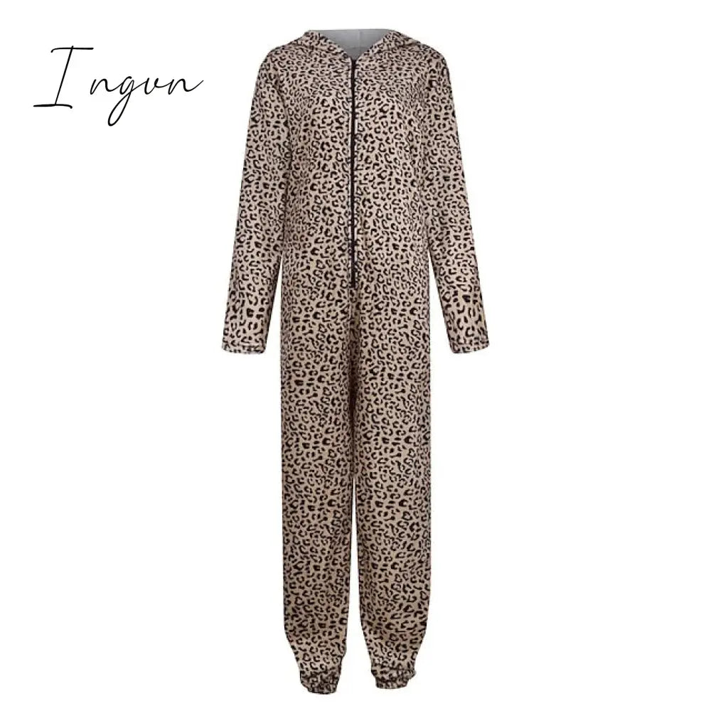 Ingvn - Women's Pajamas Jumpsuit Leopard Star Warm Comfort Plush Home Christmas Flannel Warm Breathable Hoodie Long Sleeve Pocket Fall Winter Leopard Print Moon blue