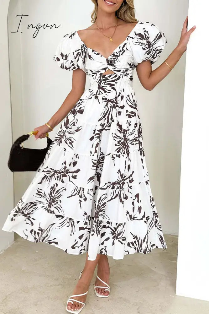 Ingvn - Sweet Elegant Floral Hollowed Out Off the Shoulder Printed Dress Dresses