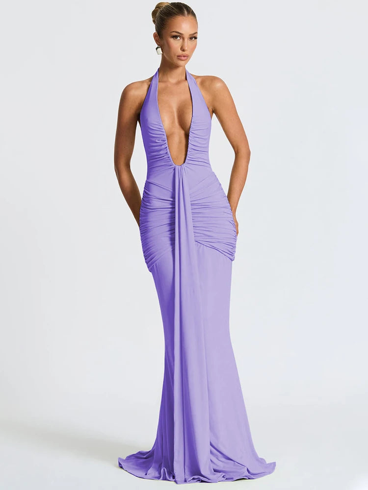 Deep V Neck Backless Ruched Sexy Maxi Dress Women Gown Summer Halter Sleeveless Draped Club Party Long Dress