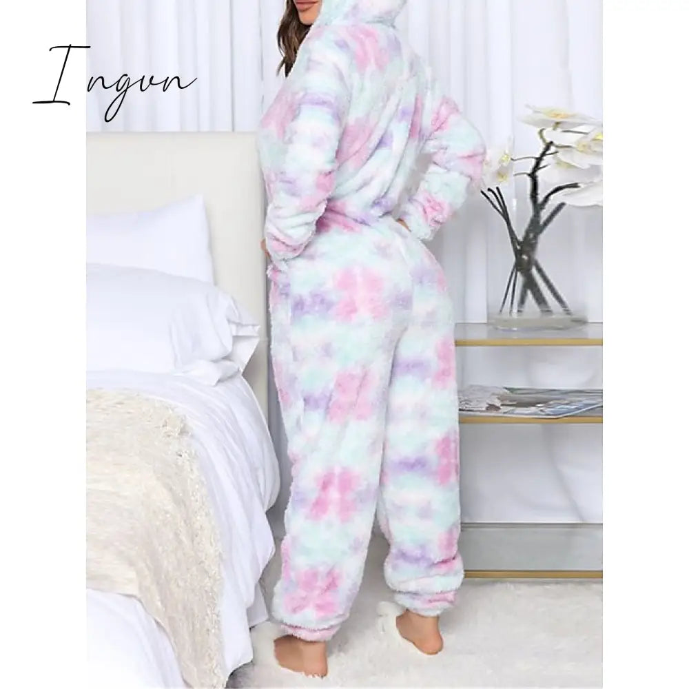 Ingvn - Women's Pajamas Jumpsuit Leopard Star Warm Comfort Plush Home Christmas Flannel Warm Breathable Hoodie Long Sleeve Pocket Fall Winter Leopard Print Moon blue