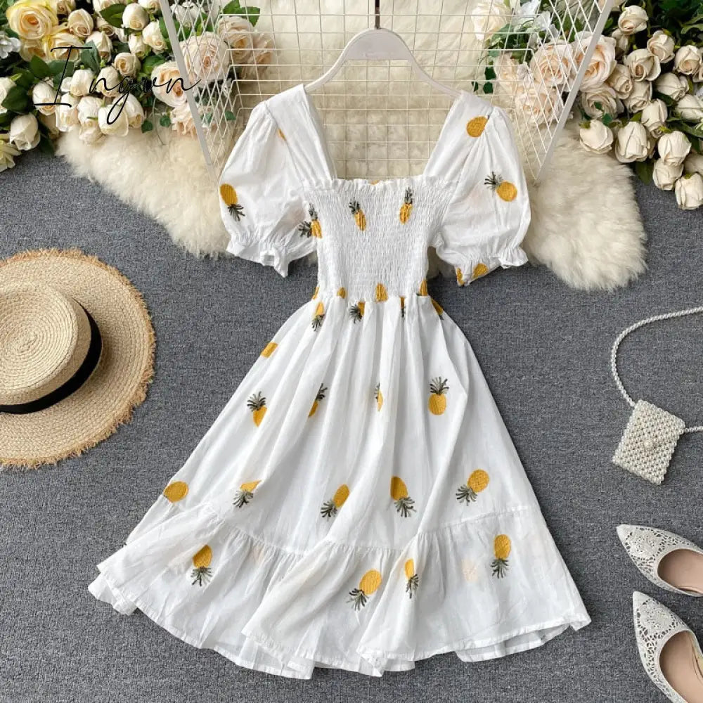 Ingvn - Strawberry Dress Cherry Kawaii Embroidery Puff Sleeve Dress Women Vintage White Square Neck Beach Dresses Korean Clothes