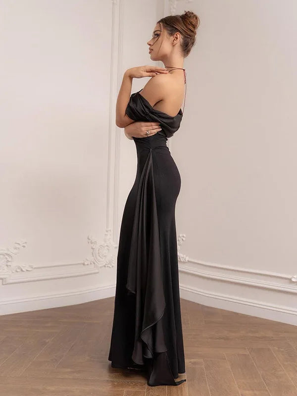 One Shoulder Mesh Patchwork Ribbon Dress Women Fashion New Slim Fit Black Female Long Dress Elegant Party Evening Dress
