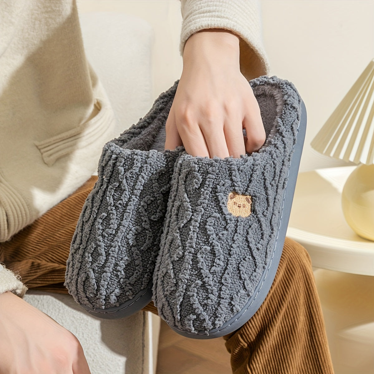 Cozy Stripe Fuzzy Slippers - Soft Fabric Upper, Non-Slip TPR Sole, Slip-On Design, Warm and Plush for Winter, Casual Stripe Pattern, Fabric Insole, Positioning Printing, All-Season Wear