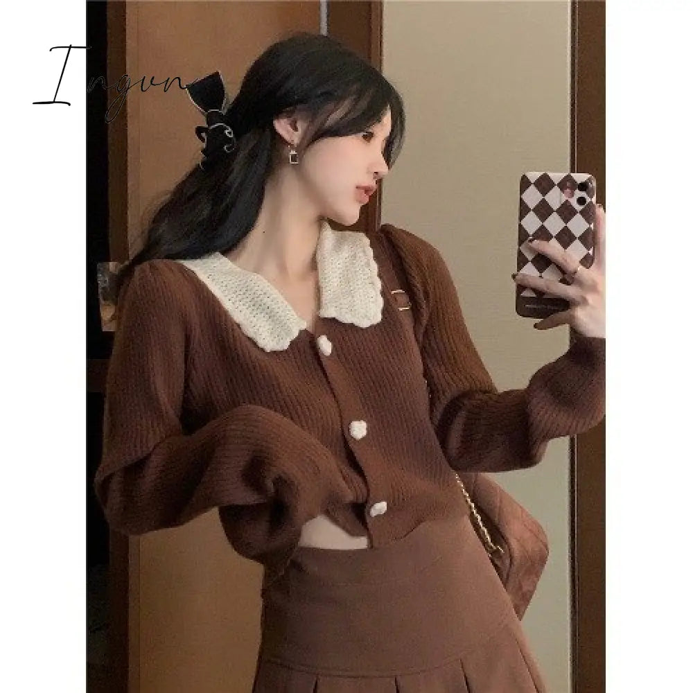 Ingvn - Vintage Knitted Suit Women's Spring Korean Style Warm Mini Skirts Trend Chic Elegant Sweater Women's Skirt and Cropped Set