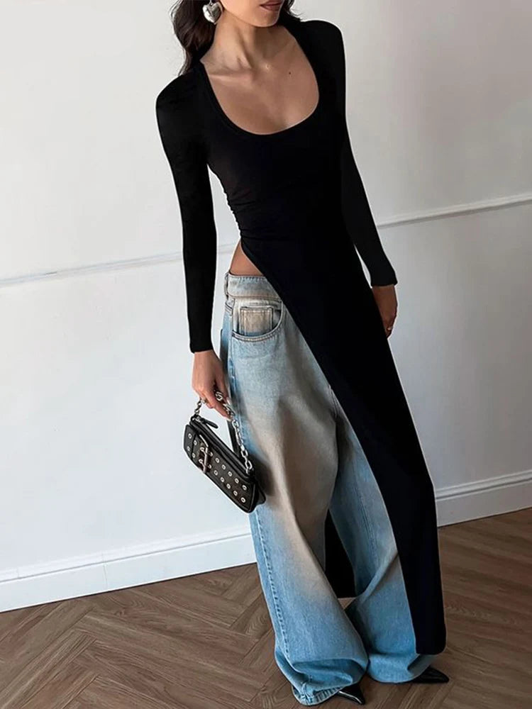 Solid Unique Women Tops Classic Concise Autumn Full Sleeve U-neck Skinny Splited Super-Long Tees Popular New Wild T-shirts