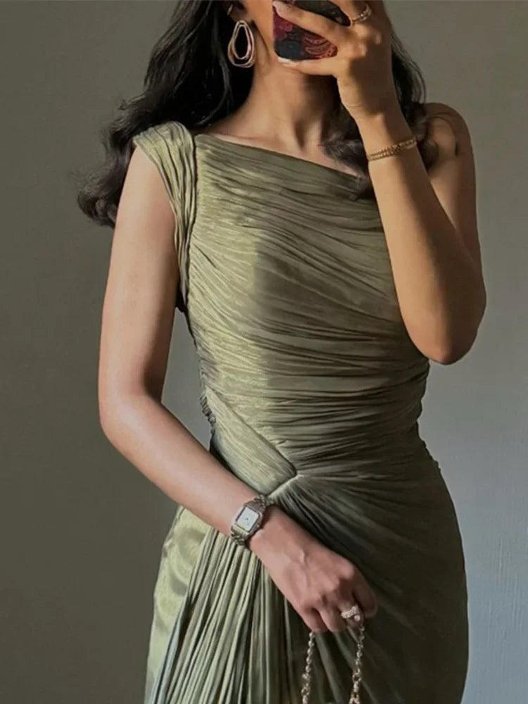 New Spring Summer Elegant Dress Women Fashion Vintage Sexy Dresses Solid Silm Sleeveless Folds Split Midi Dress