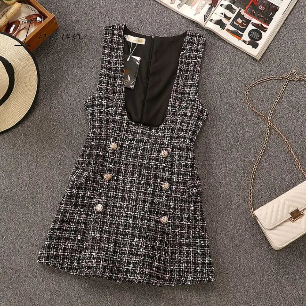 Ingvn - Autumn Winter 2 Piece Set Overalls Dress Women Elegant Ruffles Chiffon Bow Shirt Top+Double Breasted Plaid Tweed Vest Dress