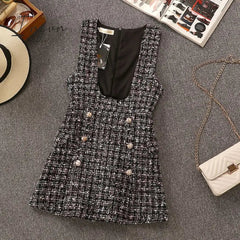 Ingvn - Autumn Winter 2 Piece Set Overalls Dress Women Elegant Ruffles Chiffon Bow Shirt Top+Double Breasted Plaid Tweed Vest Dress