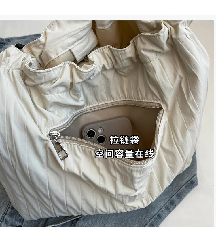 Ingvn  Simple Pleated Women's Shoulder Bag Soft Nylon Ladies Crossbody Bags Vintage Large Capacity Female Tote Drawstring Handbags
