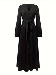 Button Front Tied Waist Dress, Elegant Lantern Sleeve A-line Maxi Length Dress For Spring & Fall, Women's Clothing