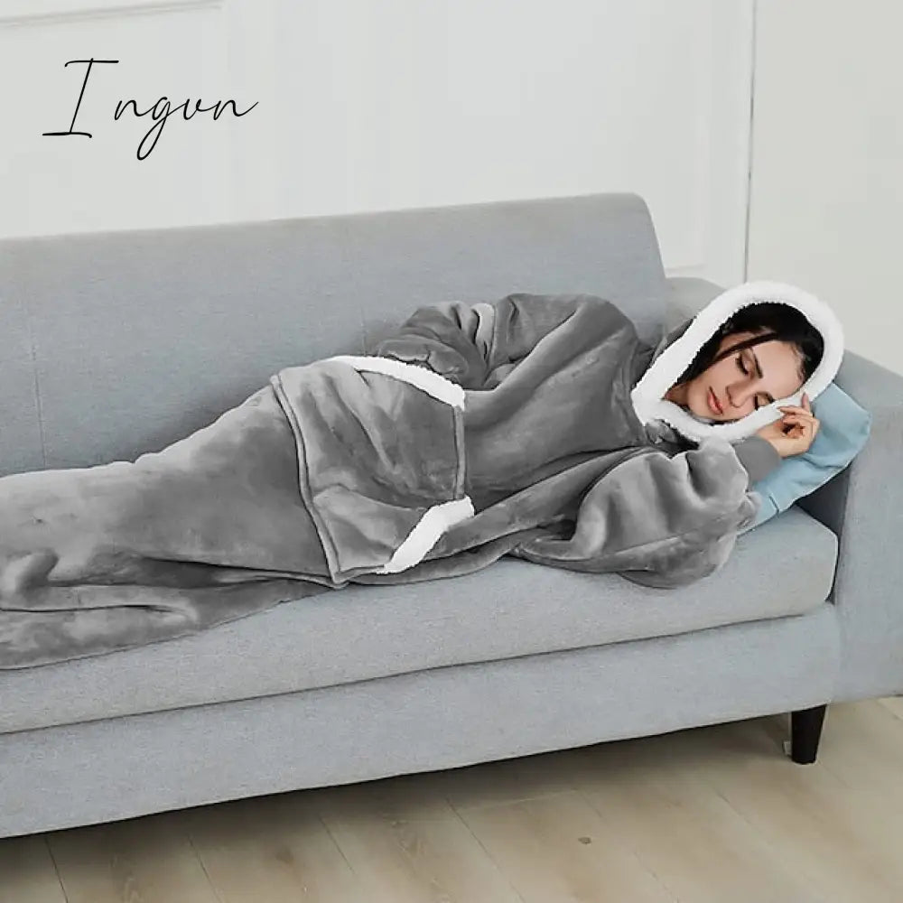 Ingvn - Women's Pajamas Nightgown Wearable Blanket Hoodie Blanket Pure Color Warm Comfort Oversized Home Daily Bed Fleece Hoodie Long Sleeve Hoodie Winter Fall Lake blue Deep Pink