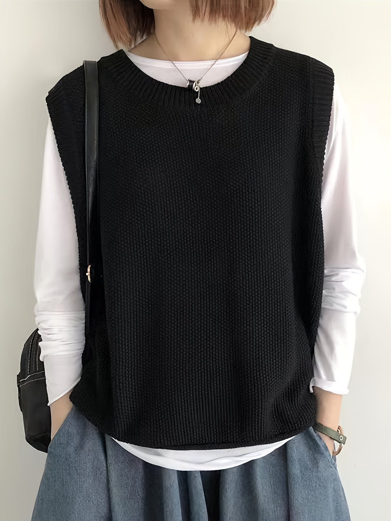 Women's Casual Solid Crew Neck Knitted Sleeveless Loose Fit Vest Sweater, Soft and Cozy Winter Clothing