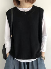 Women's Casual Solid Crew Neck Knitted Sleeveless Loose Fit Vest Sweater, Soft and Cozy Winter Clothing