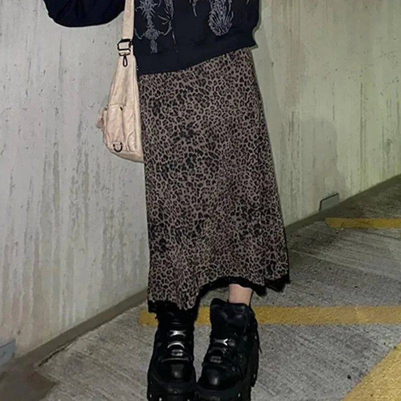 Vintage Leopard Print Sheer Mesh Skirt Women's American Style Lace Trimmed Bodycon Dress New Arrival Medium Length Dress