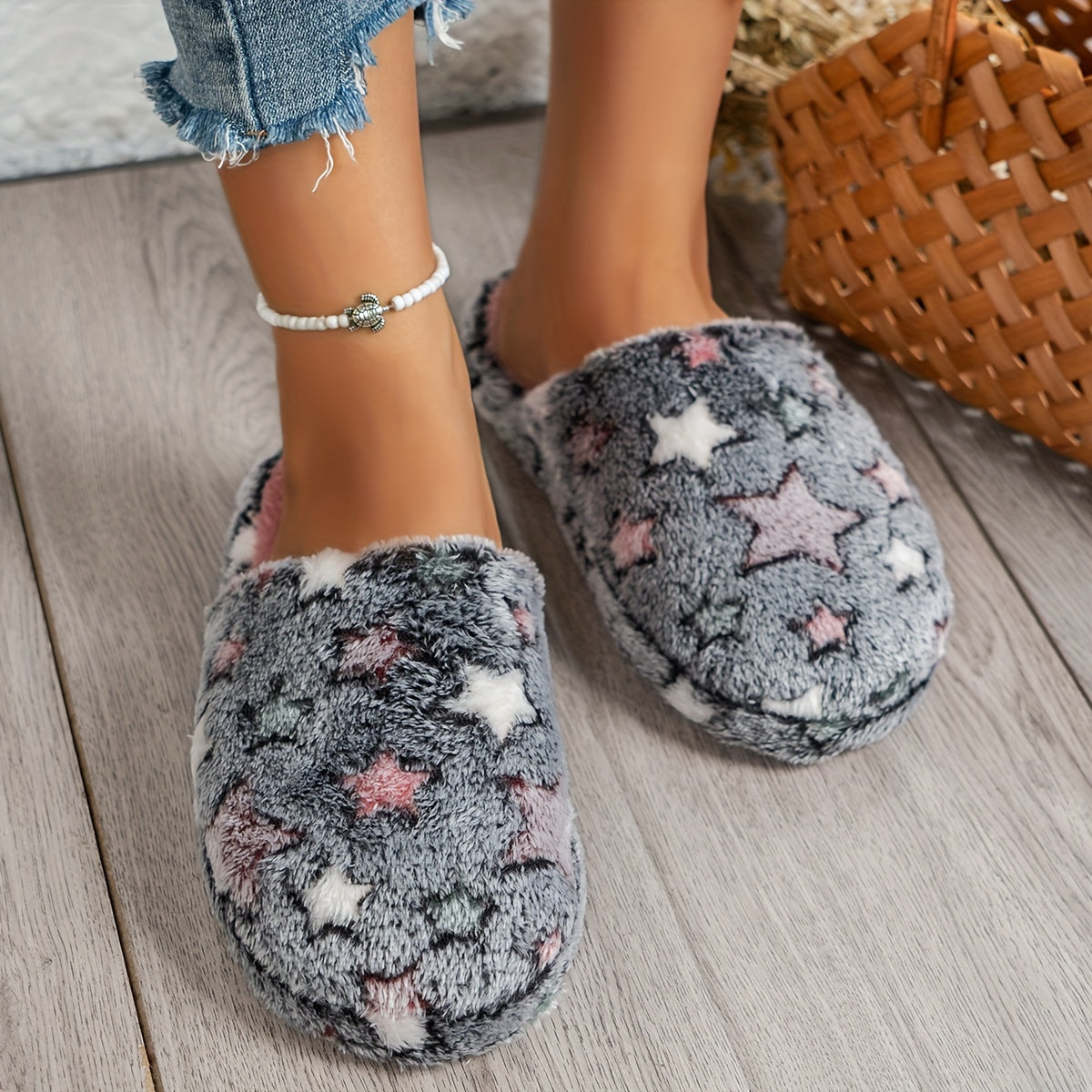 Warm Star Pattern Slippers, Casual Slip On Plush Lined Shoes, Comfortable Indoor Home Slippers