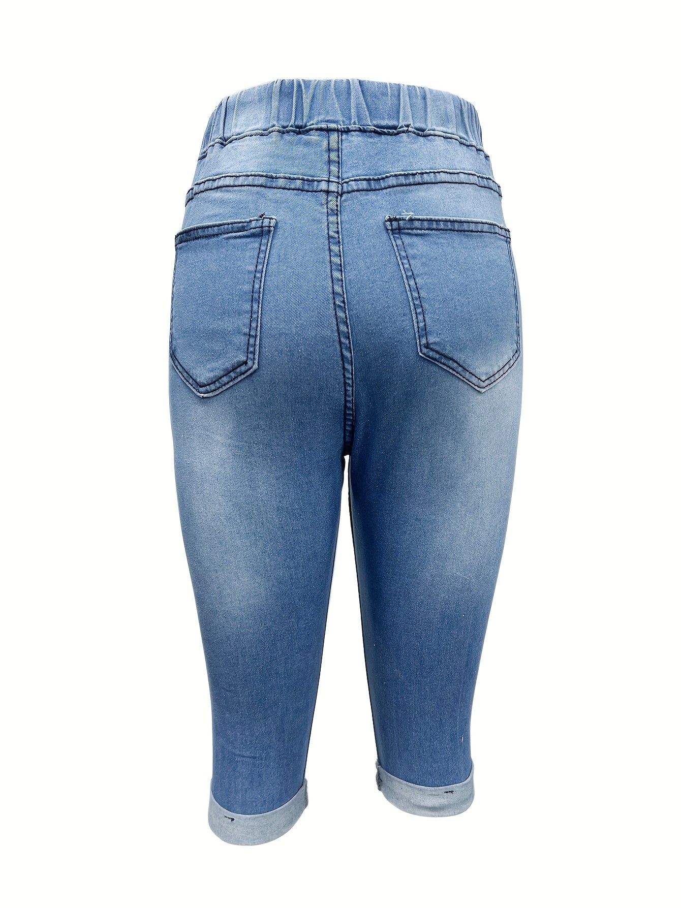 Mid-Calf Beach Distressed Denim Capri Pants - Elastic Waist with Drawstring, Casual Slim Fit, Street Style Fashion, Comfortable Soft Fabric, Easy to Move, Perfect for Summer, Outdoor Activities, and Daily Wear